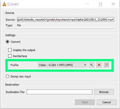 VLC's conversion profile window for saving