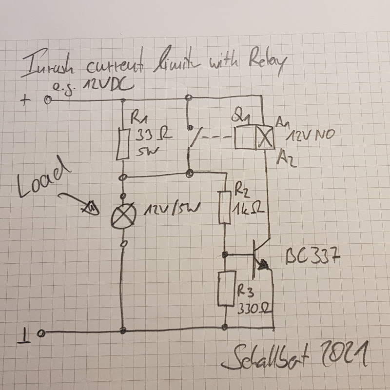 Circuit plan for a start-up relay inrush current limiter