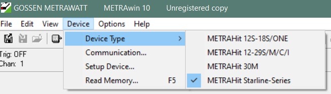 Image of MetraWin settings to choose device