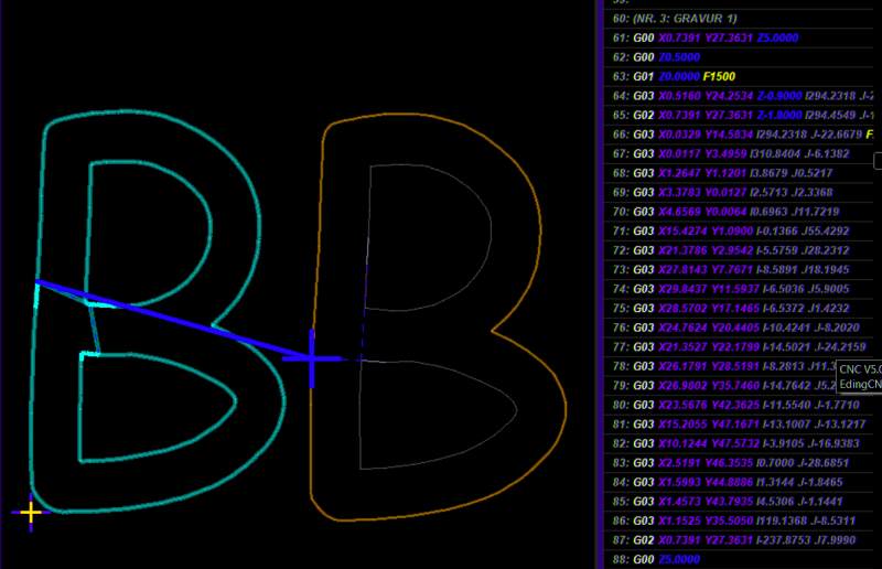 Image: Letter 'B' in CAM, twice, once per spline, once as line segments
