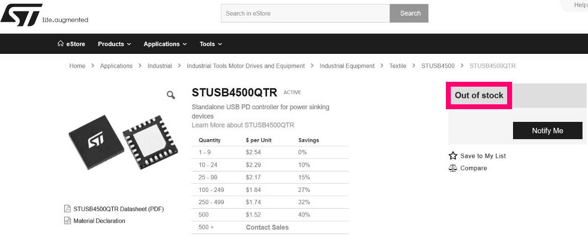 STUSB4500 out of stock at ST